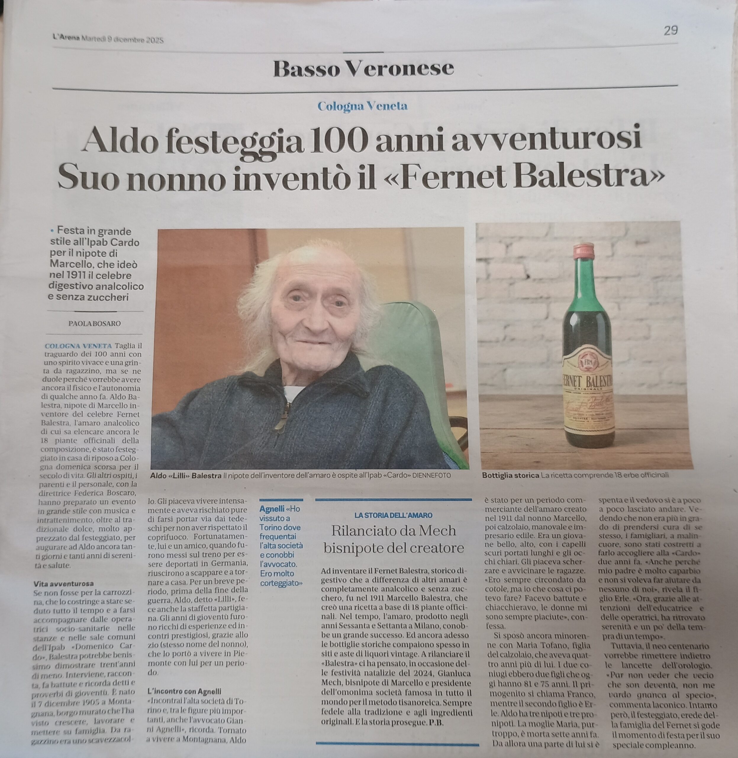 Articolo giornale L'Arena, compleanno centenario