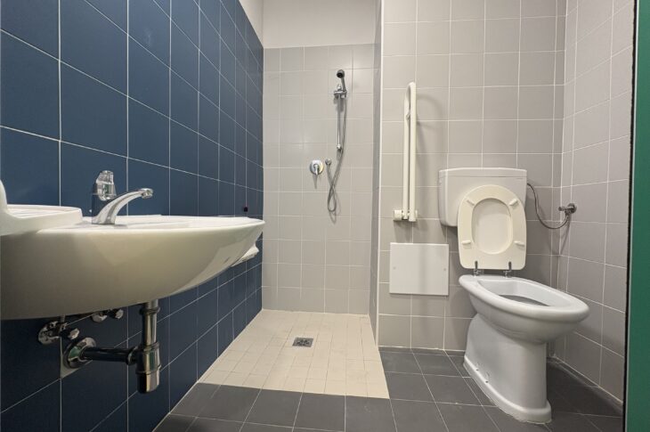WC con maniglie, lavandino e doccia con supporti, pensato per persone con disabilità