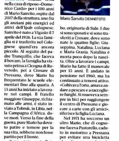 Articolo sul quotidiano L'Arena per i 100 anni di Mario Sanvito.
